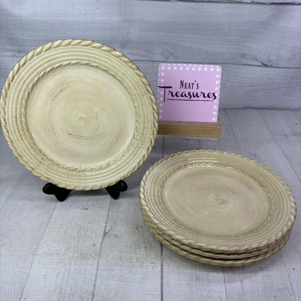 Roscher & Co BELLINI CREAM Embossed Rope Ring Earthenware Salad Plates Set 4